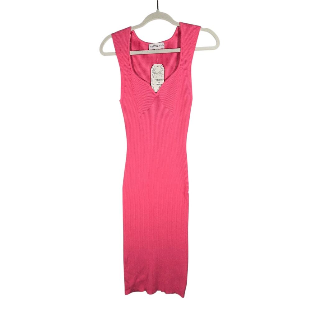 Willow & Wind Dress Womens M‎ Hot Pink Ribbed Knit Bodycon Tank Midi Stretch